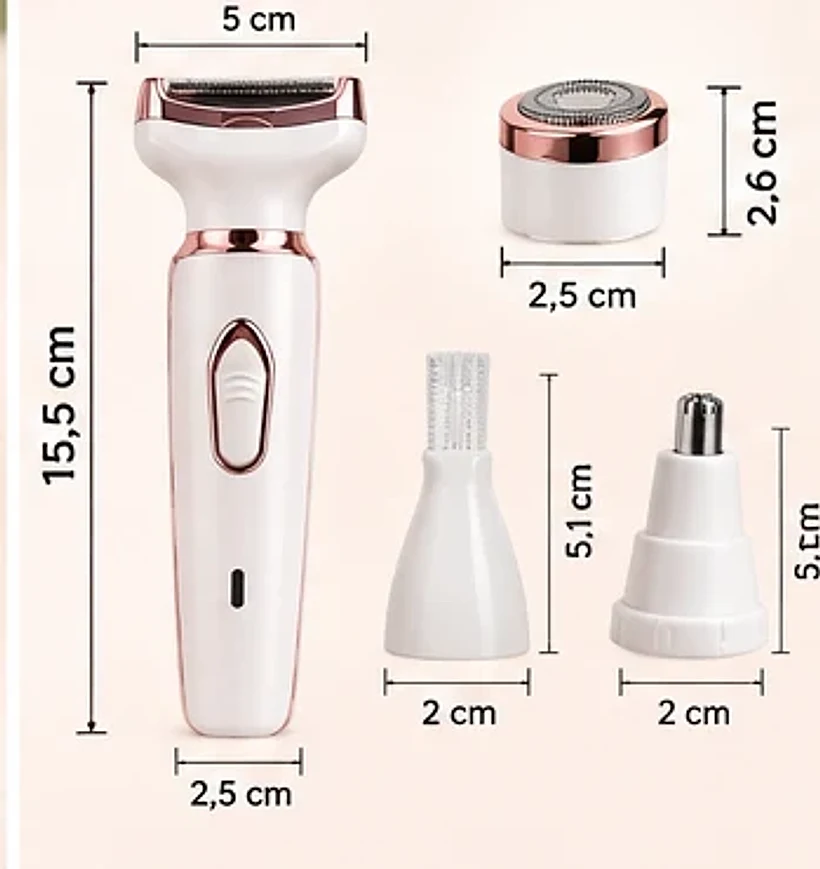 Depilador 4 em 1 com medidas: corpo de 15,5 cm por 2,5 cm e ponteiras de 2 a 5,1 cm